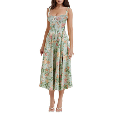 Womens Summer Maxi Dress Sleeveless Floral Spaghetti Strap Smocked Long Dress