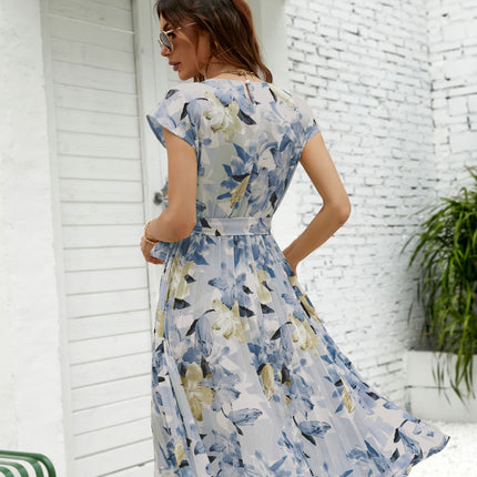 Womens Floral Summer Short Sleeve Round Neck Printed Tie Waist Boho Flowy Midi Dress
