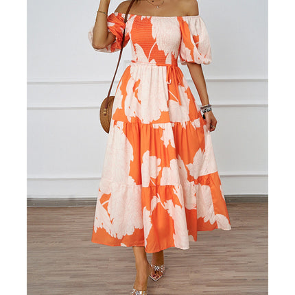 Womens Summer Short Sleeve Off Shoulder Smocked Floral Tiered Ruffle Maxi Dress