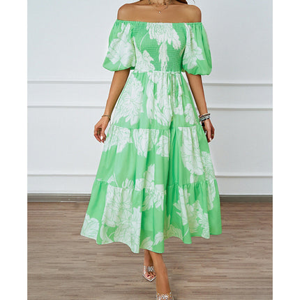 Womens Summer Short Sleeve Off Shoulder Smocked Floral Tiered Ruffle Maxi Dress