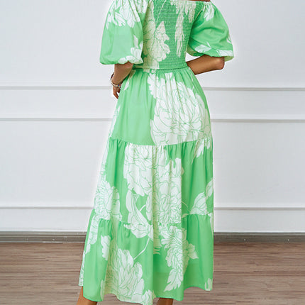 Womens Summer Short Sleeve Off Shoulder Smocked Floral Tiered Ruffle Maxi Dress