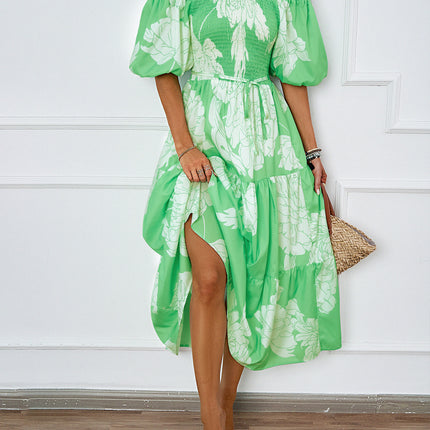 Womens Summer Short Sleeve Off Shoulder Smocked Floral Tiered Ruffle Maxi Dress