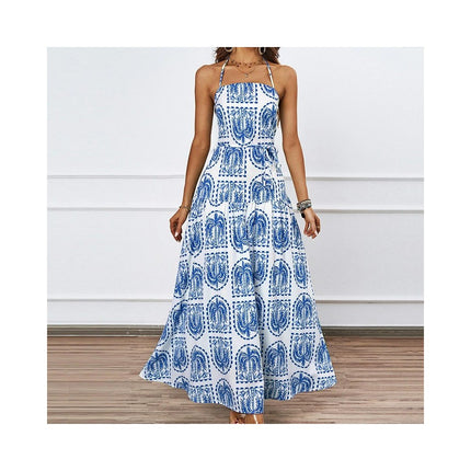 Women's Summer Halter Neck Sleeveless Backless Floral Flowy A Line Maxi Dress-A1
