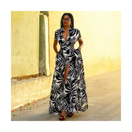 Women's Summer Boho Button Up V Neck Short Sleeve Tie Waist Split Shirt Maxi Dress