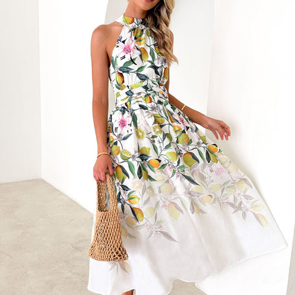 Women's Summer Sleeveless Halter Neck Smocked A Line Flowy Beach Midi Dress