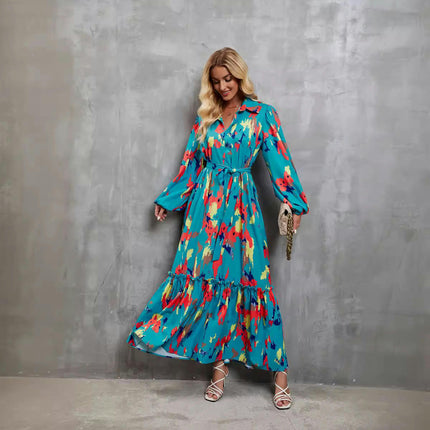 Women Casual Long Sleeve Maxi Dress Button Down Tie Waist Long Swing Shirt Dress