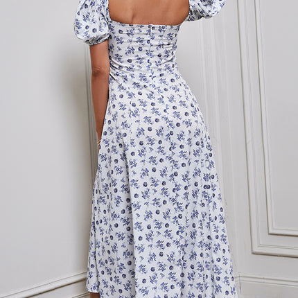 Women's Summer Puff Short Sleeve Floral Split Dress Split A Line Beach Maxi Dress
