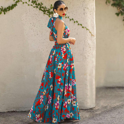 Women's Summer Halter Neck Sleeveless Tie Waist Flowy A Line Maxi Dress