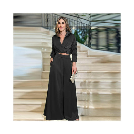 Womens 2 Piece Sets Dressy Long Sleeve Pleated Shirt Outfits Pocket Wide Leg Pants Suits