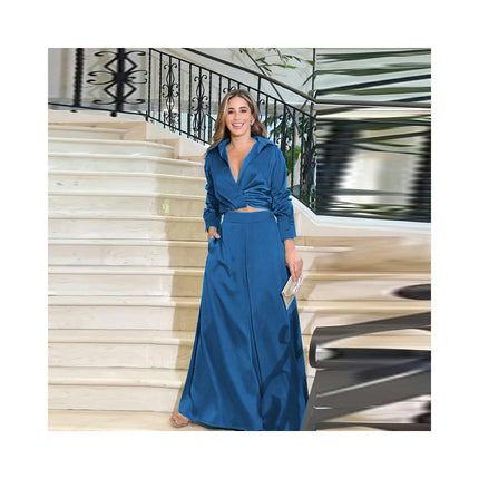 Womens 2 Piece Sets Dressy Long Sleeve Pleated Shirt Outfits Pocket Wide Leg Pants Suits