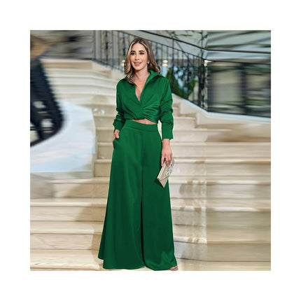Womens 2 Piece Sets Dressy Long Sleeve Pleated Shirt Outfits Pocket Wide Leg Pants Suits