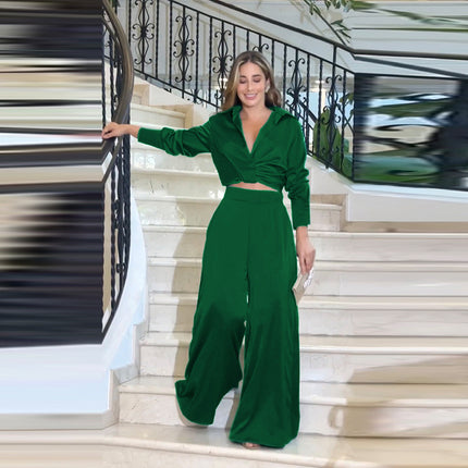 Womens 2 Piece Sets Dressy Long Sleeve Pleated Shirt Outfits Pocket Wide Leg Pants Suits