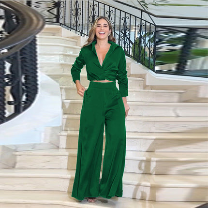 Womens 2 Piece Sets Dressy Long Sleeve Pleated Shirt Outfits Pocket Wide Leg Pants Suits
