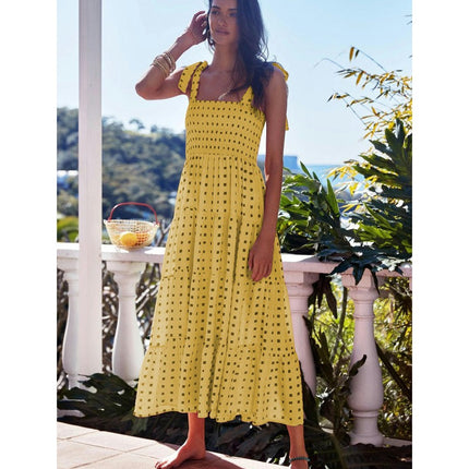 Women's Summer Boho Spaghetti Strap Square Neck Smocked Tiered Ruffle Beach Maxi Dress