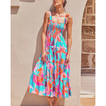 Women's Summer Boho Spaghetti Strap Square Neck Smocked Tiered Ruffle Beach Maxi Dress