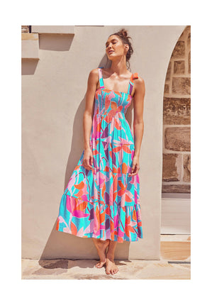 Women's Summer Boho Spaghetti Strap Square Neck Smocked Tiered Ruffle Beach Maxi Dress