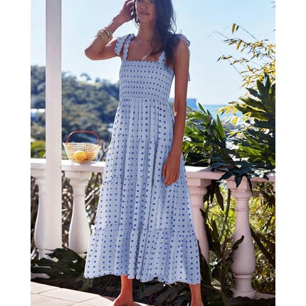 Women's Summer Boho Spaghetti Strap Square Neck Smocked Tiered Ruffle Beach Maxi Dress