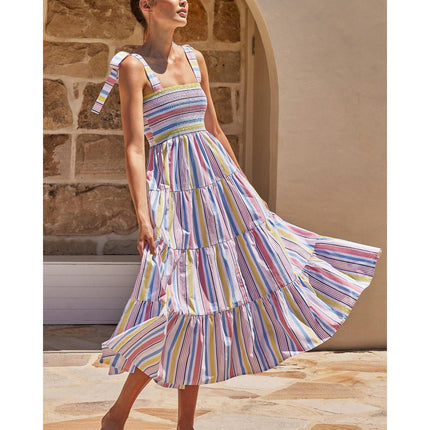 Women's Summer Boho Spaghetti Strap Square Neck Smocked Tiered Ruffle Beach Maxi Dress