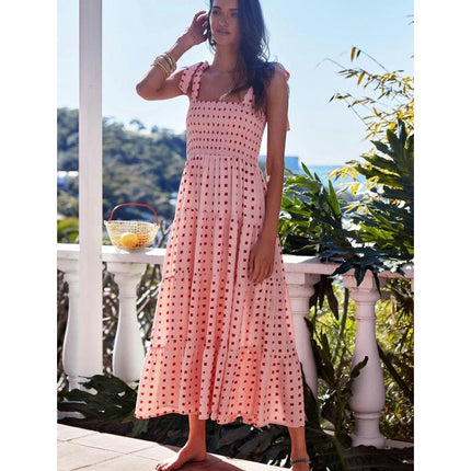 Women's Summer Boho Spaghetti Strap Square Neck Smocked Tiered Ruffle Beach Maxi Dress