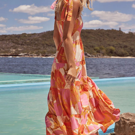 Women's Summer Boho Spaghetti Strap Square Neck Smocked Tiered Ruffle Beach Maxi Dress 1