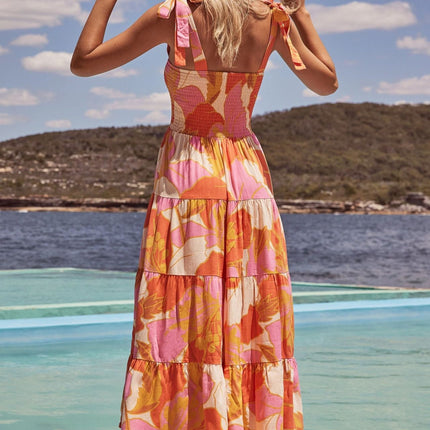 Women's Summer Boho Spaghetti Strap Square Neck Smocked Tiered Ruffle Beach Maxi Dress