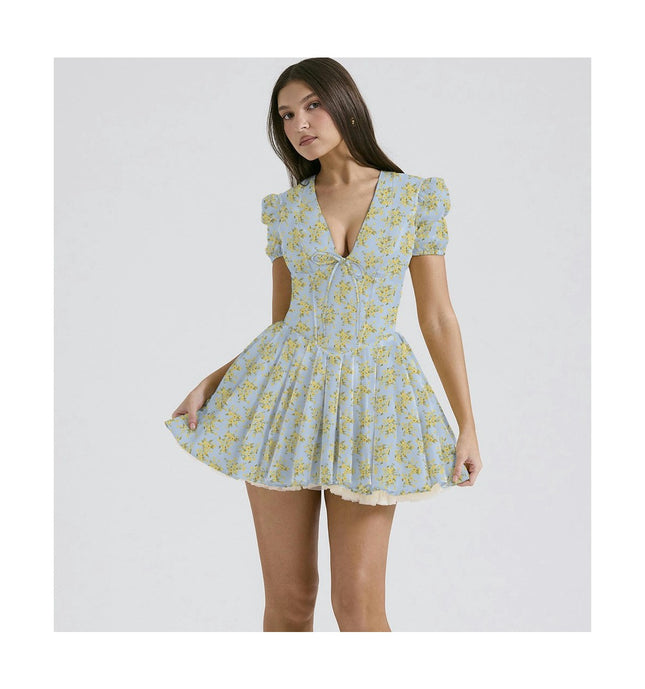 Women's Summer Puff Short Sleeve V Neck Dress Ruffle Flowy Mini Dress