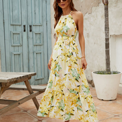 Womens Summer Halter Neck Tie Waist Sleeveless Flowy Beach Maxi Dress