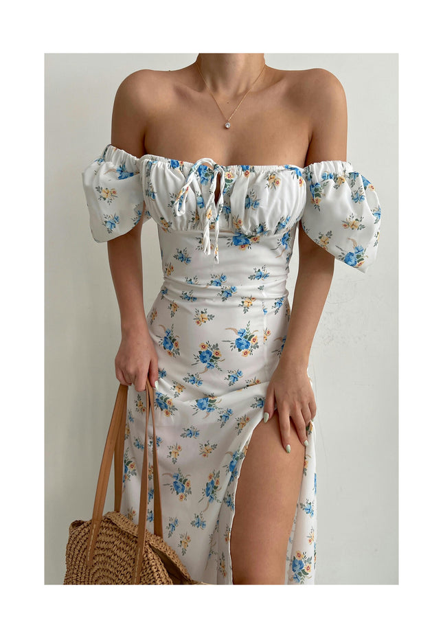 Women's Puff Short Sleeve Floral Midi Dress Square Neck Boho Split Long Dresses