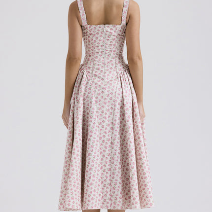 Women Floral Corset Dress Summer Spaghetti Straps Square Neck Casual Maxi Dress