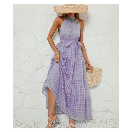 Women's Summer Casual Sleeveless Halter Neck Ruffle A-Line Tie Waist Flowy Maxi Dress