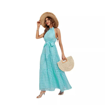 Women's Summer Casual Sleeveless Halter Neck Ruffle A-Line Tie Waist Flowy Maxi Dress