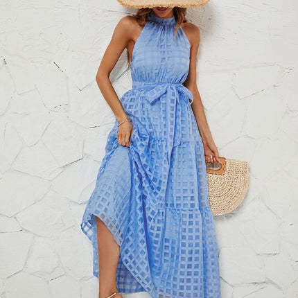 Women's Summer Casual Sleeveless Halter Neck Ruffle A-Line Tie Waist Flowy Maxi Dress