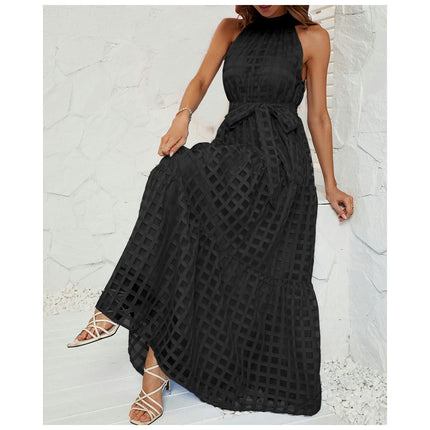 Women's Summer Casual Sleeveless Halter Neck Ruffle A-Line Tie Waist Flowy Maxi Dress