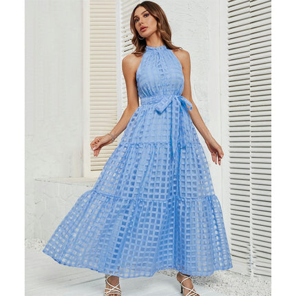 Women's Summer Casual Sleeveless Halter Neck Ruffle A-Line Tie Waist Flowy Maxi Dress