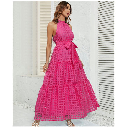 Women's Summer Casual Sleeveless Halter Neck Ruffle A-Line Tie Waist Flowy Maxi Dress