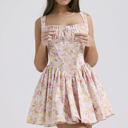 Womens Summer Boho Smocked Sleeveless Spaghetti Strap Floral A-Line Mini Sundress