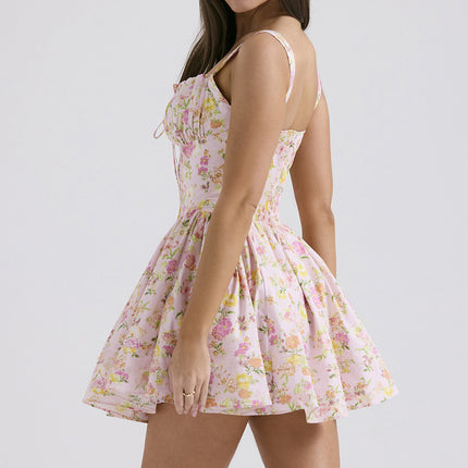 Womens Summer Boho Smocked Sleeveless Spaghetti Strap Floral A-Line Mini Sundress