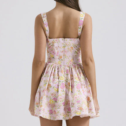 Womens Summer Boho Smocked Sleeveless Spaghetti Strap Floral A-Line Mini Sundress