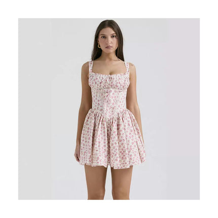 Womens Summer Boho Smocked Sleeveless Spaghetti Strap Floral A-Line Mini Sundress