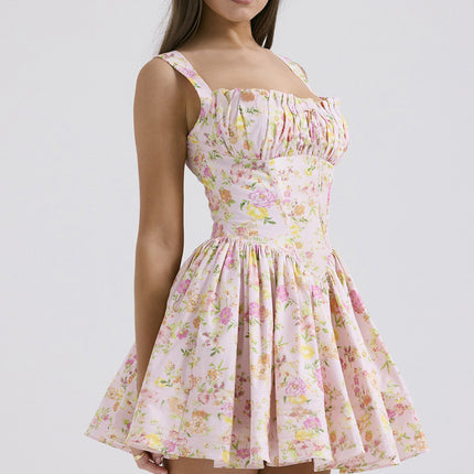 Womens Summer Boho Smocked Sleeveless Spaghetti Strap Floral A-Line Mini Sundress