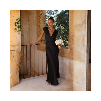 Women Satin Cap Sleeve V Neck Evening Cocktail Long Maxi Dress
