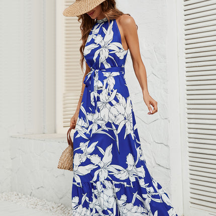Women's Summer Sleeveless Halter Neck A-Line Ruffle Tie Waist Casual Flowy Maxi Dress