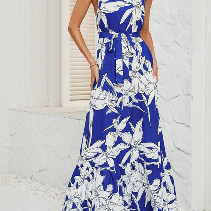 Women's Summer Sleeveless Halter Neck A-Line Ruffle Tie Waist Casual Flowy Maxi Dress