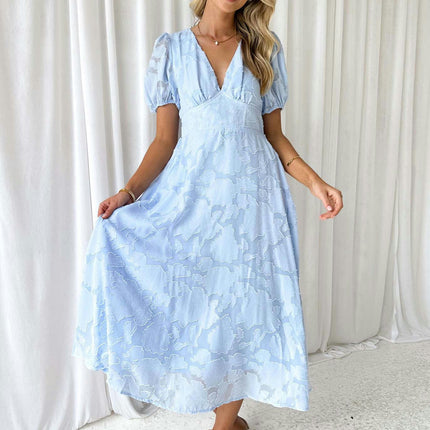 Women's Summer V Neck Short Sleeve Beach Party A-Line Flowy Maxi Dresses