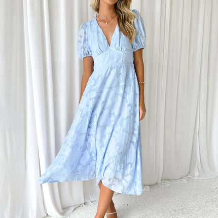 Women's Summer V Neck Short Sleeve Beach Party A-Line Flowy Maxi Dresses