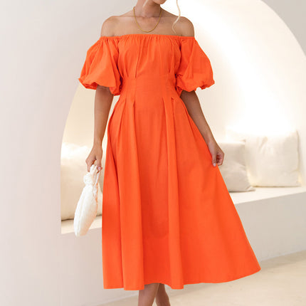 Womens Summer Puff Sleeve Off The Shoulder Boho Flowy A Line Long Dress