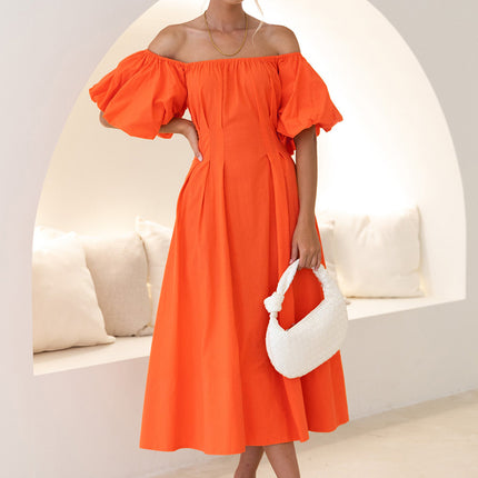 Womens Summer Puff Sleeve Off The Shoulder Boho Flowy A Line Long Dress