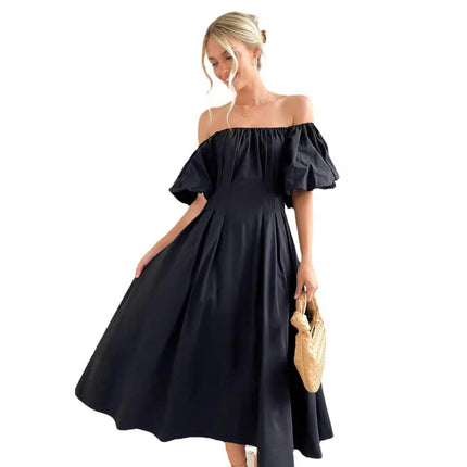 Womens Summer Puff Sleeve Off The Shoulder Boho Flowy A Line Long Dress