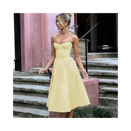Sleeveless Corset Dress for Women Spaghetti Strap Flowy Pleated Midi Dress