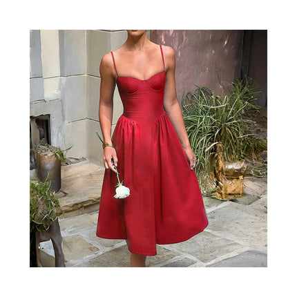 Sleeveless Corset Dress for Women Spaghetti Strap Flowy Pleated Midi Dress
